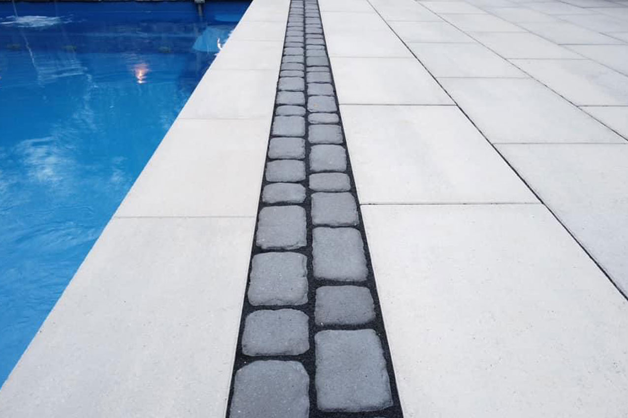 Aerial view of pool and patio landscape design