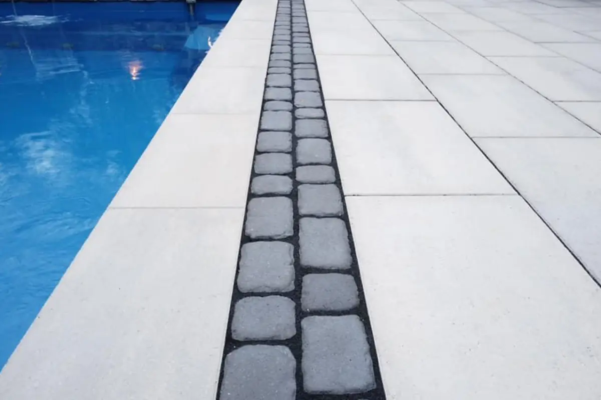 Aerial view of pool and patio landscape design