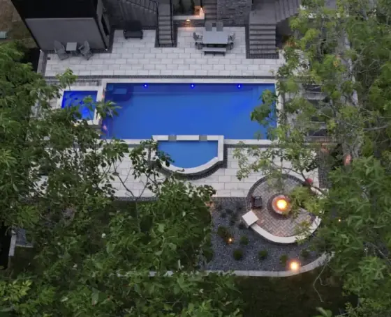 Aerial view of hardscape pool patio