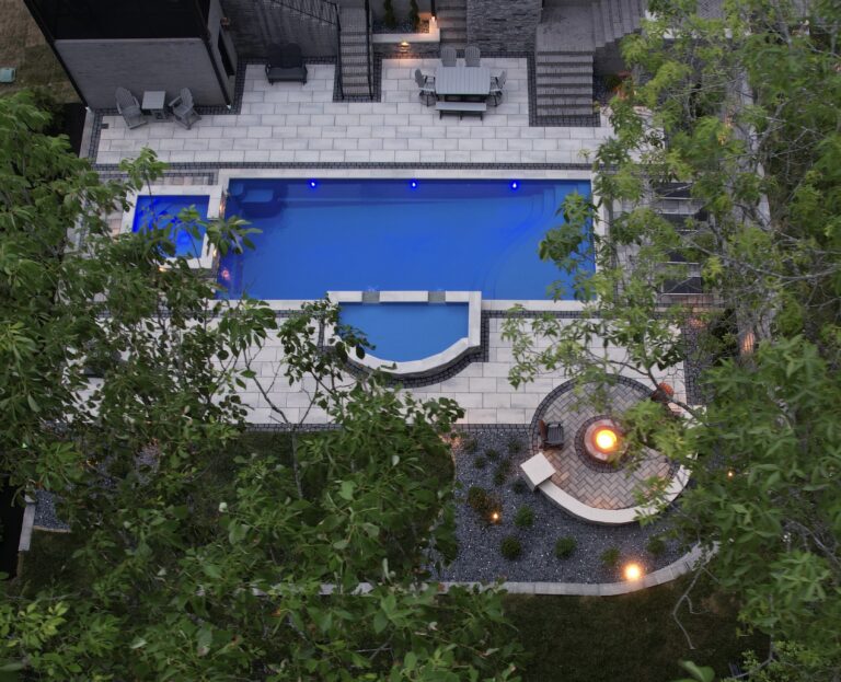 Aerial view of hardscape pool patio