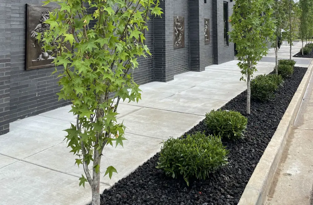 Landscape design with plantings and stonework